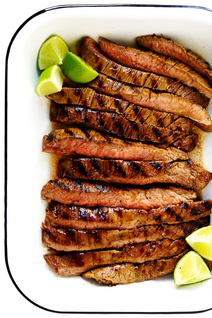 Healthy Grilled Meat Recipes for Summer: Overhead view of Mexican Carne Asada in a white serving plate.