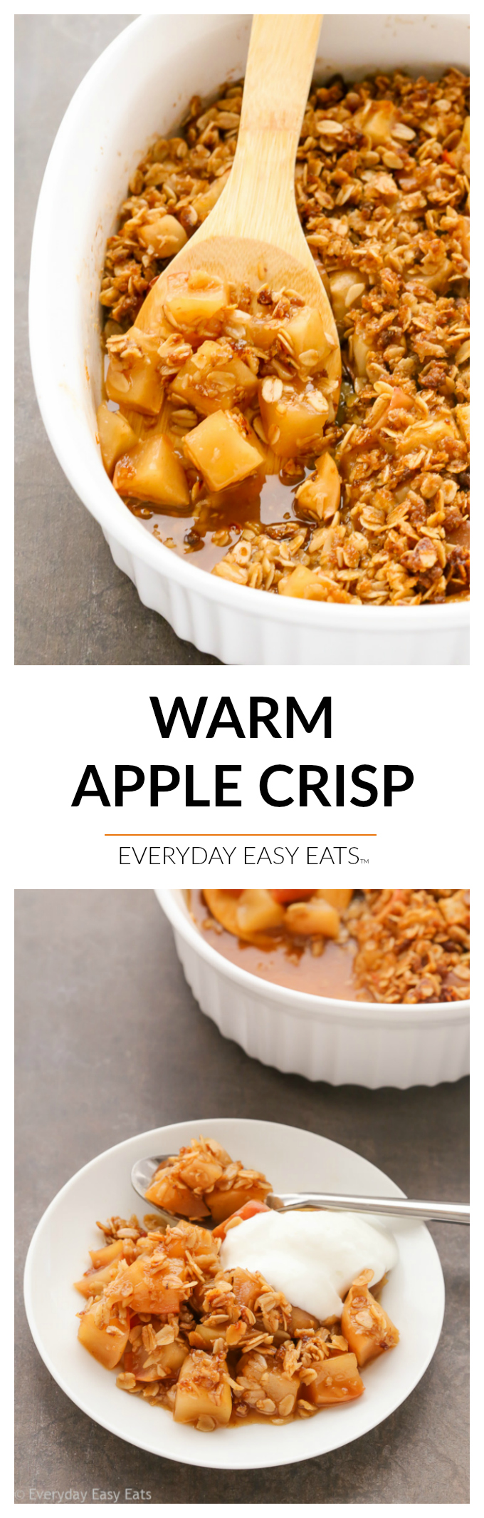 This Easy Gluten-Free Apple Crisp recipe is made with tender, juicy apples under a crunchy, flourless brown sugar-oat topping. The best apple crisp recipe ever!| harrisonpages.com